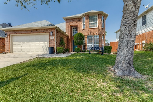 7851 Park Downs Dr, Fort Worth, TX 76137 - view of front of property featuring brick siding, a garage, driveway, and a front yard