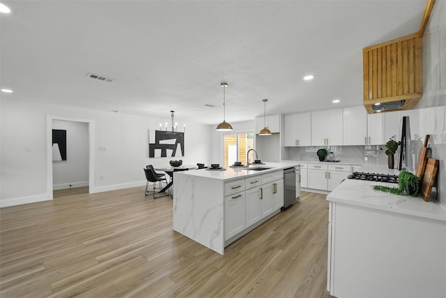 3173 Catamore Ln, Dallas, TX 75229 - kitchen featuring dishwasher, a sink, light wood-style floors, recessed lighting, and white cabinetry