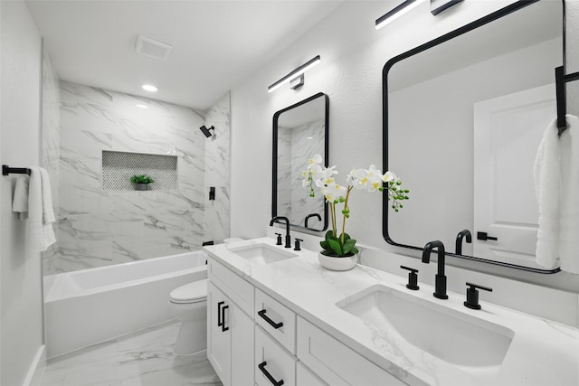 3173 Catamore Ln, Dallas, TX 75229 - bathroom with double vanity, washtub / shower combination, toilet, marble look tile flooring, and recessed lighting