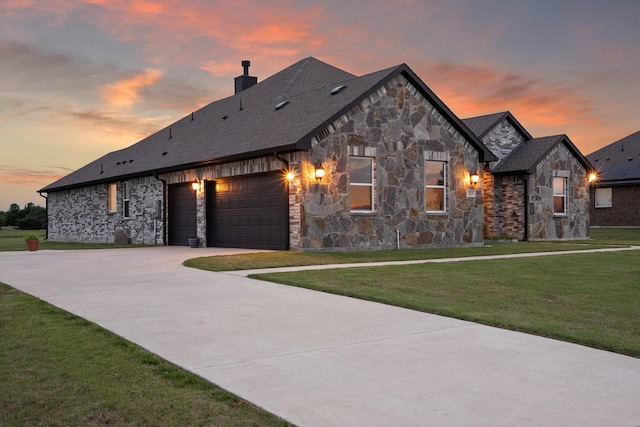 123 Cedar Elm Ln, Nevada, TX 75173 - view of front of property with stone siding, a chimney, a front lawn, driveway, and a garage
