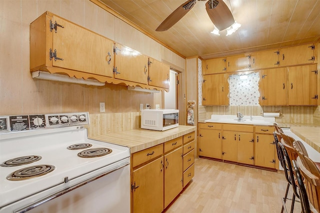 1245 Hodgson St, Fort Worth, TX 76115 - kitchen featuring white appliances, light countertops, wooden ceiling, ceiling fan, and light wood-style floors