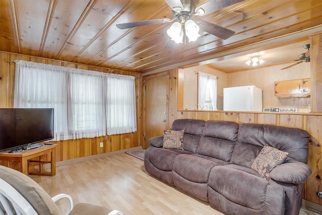 1245 Hodgson St, Fort Worth, TX 76115 - living room featuring wood finished floors, wood ceiling, wooden walls, ceiling fan, and baseboards