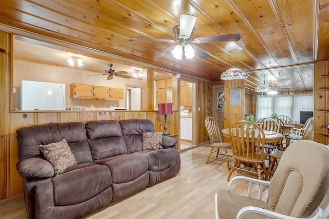1245 Hodgson St, Fort Worth, TX 76115 - living room featuring wood ceiling, wooden walls, light wood-style floors, and ceiling fan