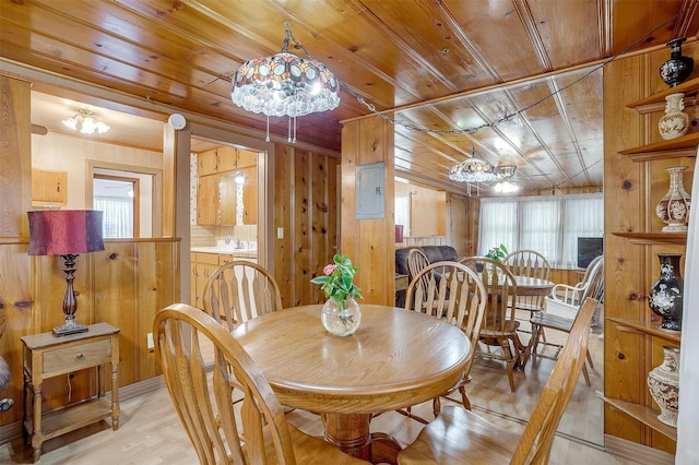 1245 Hodgson St, Fort Worth, TX 76115 - dining room with wood ceiling, a chandelier, wooden walls, electric panel, and light wood finished floors