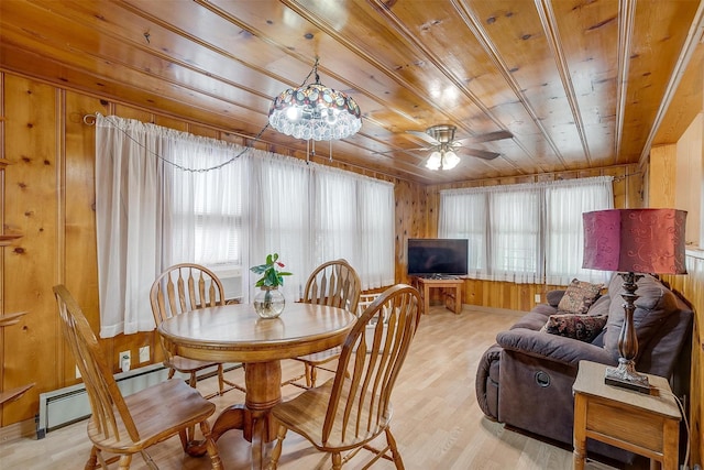 1245 Hodgson St, Fort Worth, TX 76115 - dining area with wooden ceiling, wood walls, light wood finished floors, ceiling fan, and baseboard heating