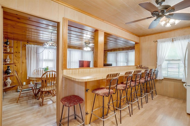 1245 Hodgson St, Fort Worth, TX 76115 - kitchen featuring wood walls, ceiling fan, wood finished floors, ornamental molding, and freestanding refrigerator