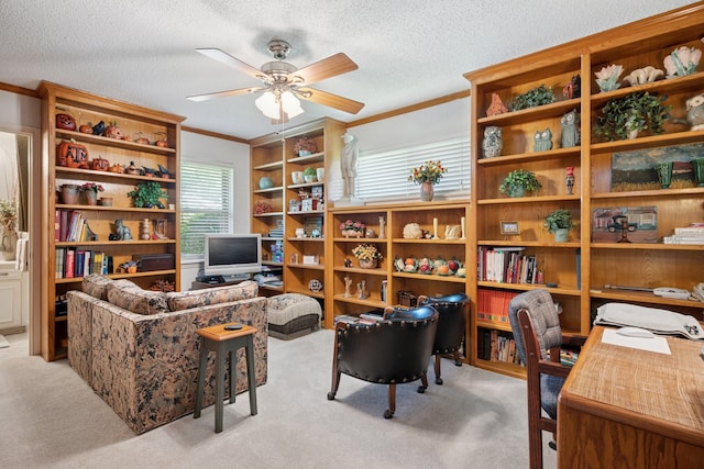 10930 Ridgemeadow Dr, Dallas, TX 75218 - carpeted home office with ornamental molding, a ceiling fan, and a textured ceiling