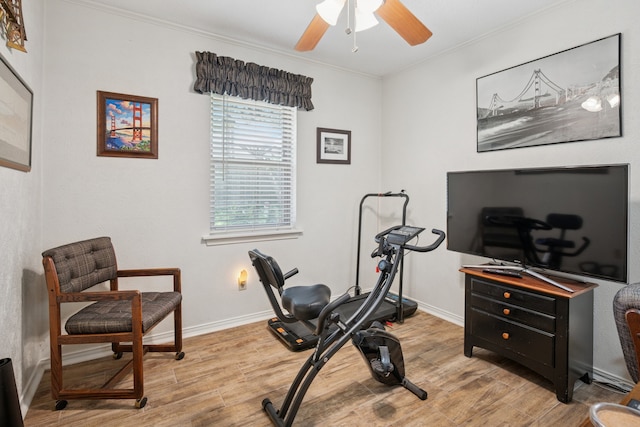 10930 Ridgemeadow Dr, Dallas, TX 75218 - workout room featuring light wood-type flooring, crown molding, ceiling fan, and baseboards