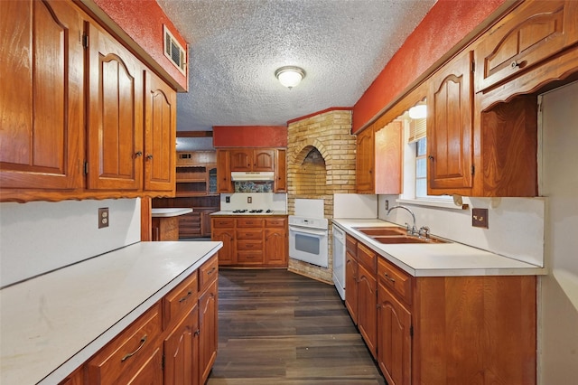 6330 Autumn Woods Trl, Dallas, TX 75232 - kitchen featuring white appliances, under cabinet range hood, a sink, a textured ceiling, and light countertops