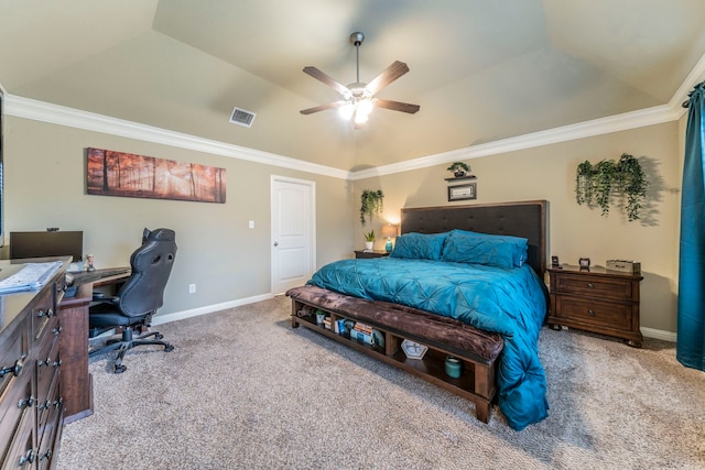 313 Donna Cir, Granbury, TX 76049 - carpeted bedroom featuring vaulted ceiling, an office area, a raised ceiling, ornamental molding, and baseboards