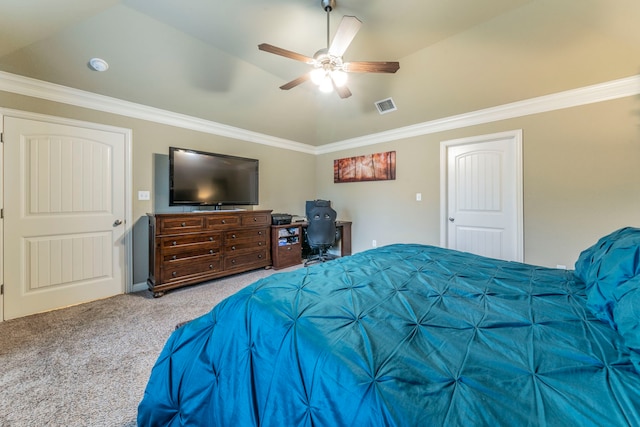 313 Donna Cir, Granbury, TX 76049 - bedroom featuring carpet floors, crown molding, lofted ceiling, a ceiling fan, and an office area