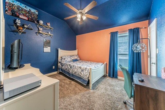 313 Donna Cir, Granbury, TX 76049 - carpeted bedroom featuring vaulted ceiling, baseboards, a desk, and ceiling fan