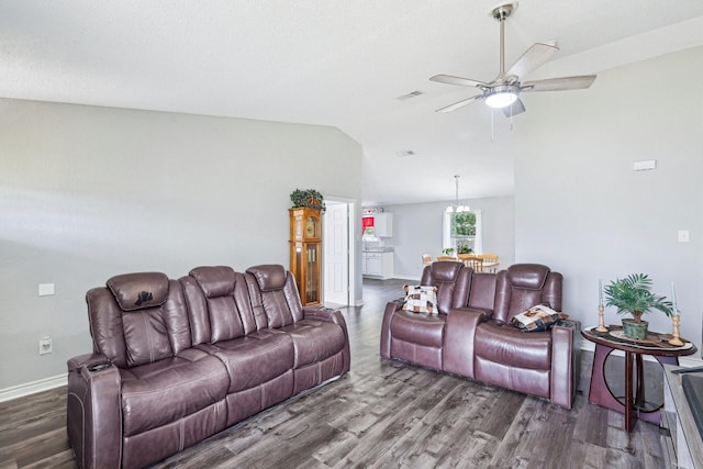 5789 Southfork Dr N, Royse City, TX 75189 - living room with vaulted ceiling, a ceiling fan, and dark wood finished floors