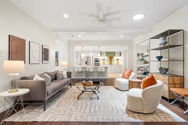 4315 Laren Ln, Dallas, TX 75244 - living room with wood finished floors, a ceiling fan, beamed ceiling, crown molding, and recessed lighting