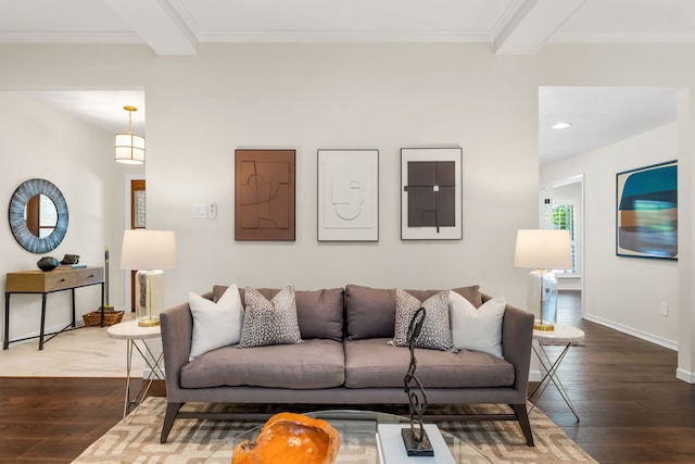 4315 Laren Ln, Dallas, TX 75244 - living room with wood-type flooring, baseboards, ornamental molding, recessed lighting, and beam ceiling