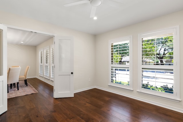 4315 Laren Ln, Dallas, TX 75244 - unfurnished room with dark wood-type flooring, baseboards, a ceiling fan, and recessed lighting