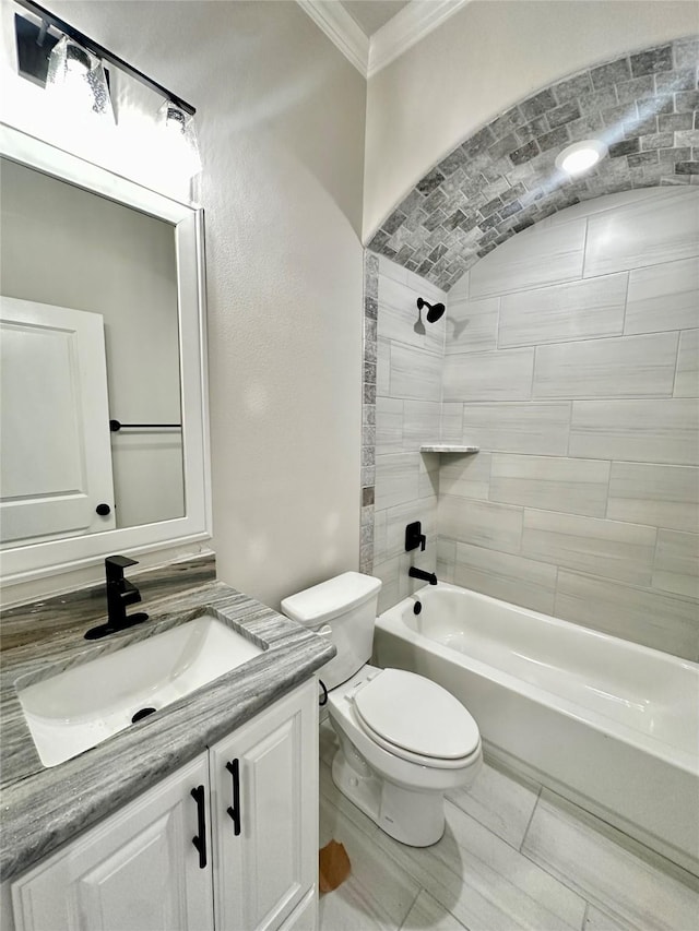 1406 Oleander Dr, Tolar, TX 76476 - full bath with ornamental molding, vanity, toilet, and tub / shower combination
