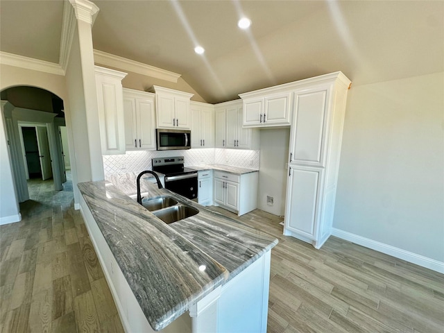 1406 Oleander Dr, Tolar, TX 76476 - kitchen featuring stainless steel appliances, a peninsula, lofted ceiling, tasteful backsplash, and a sink