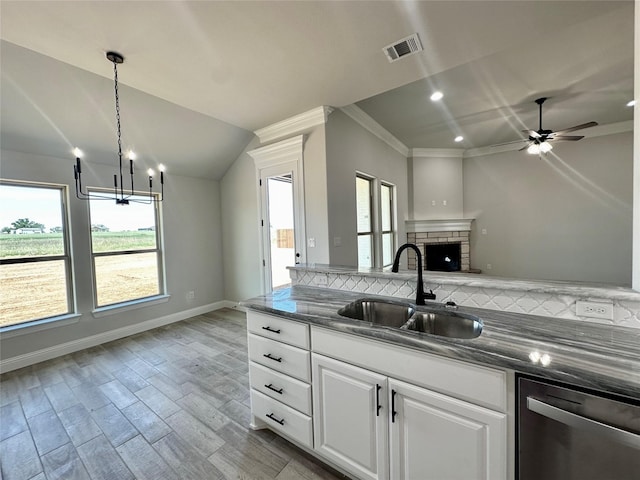 1406 Oleander Dr, Tolar, TX 76476 - kitchen with a sink, stainless steel dishwasher, a fireplace, white cabinetry, and a chandelier