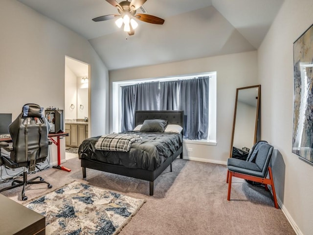 1241 Ronald St, Desoto, TX 75115 - bedroom with vaulted ceiling, light carpet, connected bathroom, baseboards, and a ceiling fan