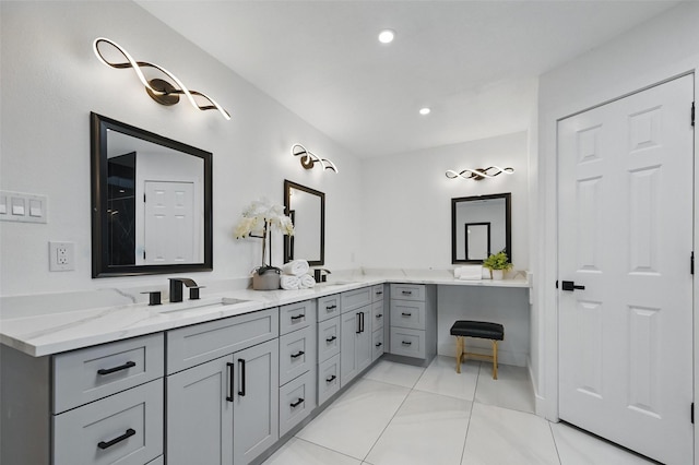 1429 Waterford Pl, Garland, TX 75044 - bathroom with double vanity, tile patterned floors, and recessed lighting