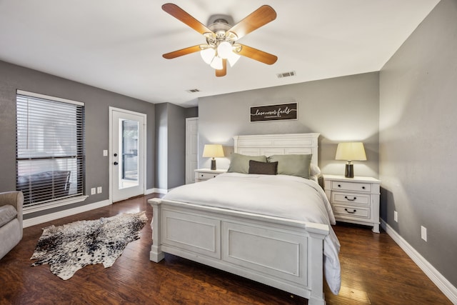 2928 Regal Rd, Plano, TX 75075 - bedroom with access to outside, baseboards, dark wood finished floors, and ceiling fan