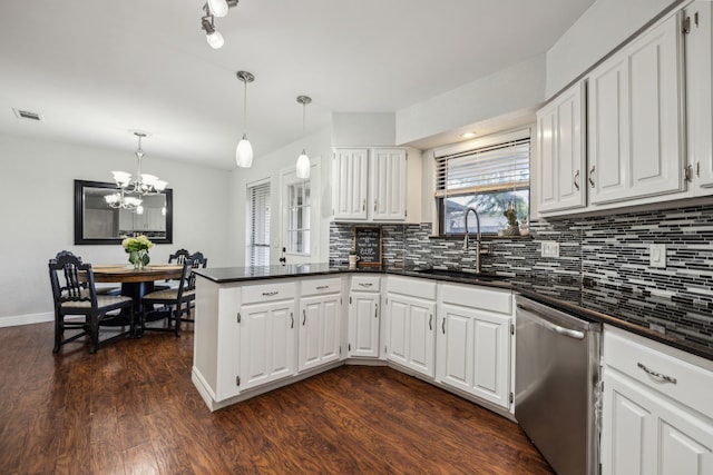 2928 Regal Rd, Plano, TX 75075 - kitchen featuring stainless steel dishwasher, a sink, a peninsula, dark countertops, and tasteful backsplash