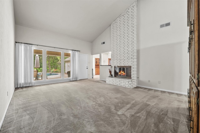 1210 Spring Lake Dr, Duncanville, TX 75137 - unfurnished living room with high vaulted ceiling, carpet flooring, a fireplace, and baseboards
