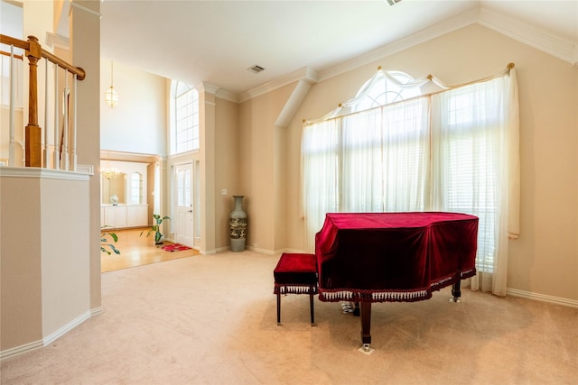 2017 Rumson Dr, Arlington, TX 76006 - living area featuring carpet flooring, lofted ceiling, baseboards, and ornamental molding