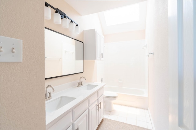 2017 Rumson Dr, Arlington, TX 76006 - bathroom with toilet, double vanity,  shower combination, tile patterned flooring, and a textured wall
