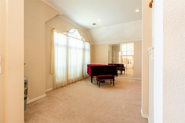 2017 Rumson Dr, Arlington, TX 76006 - sitting room with carpet, ornamental molding, vaulted ceiling, baseboards, and recessed lighting