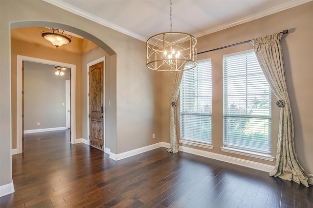 160 Solano Cir, Aledo, TX 76008 - unfurnished dining area with arched walkways, a chandelier, baseboards, and ornamental molding
