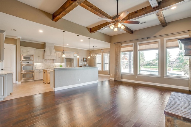 160 Solano Cir, Aledo, TX 76008 - unfurnished living room featuring ceiling fan, baseboards, light wood-type flooring, beam ceiling, and recessed lighting