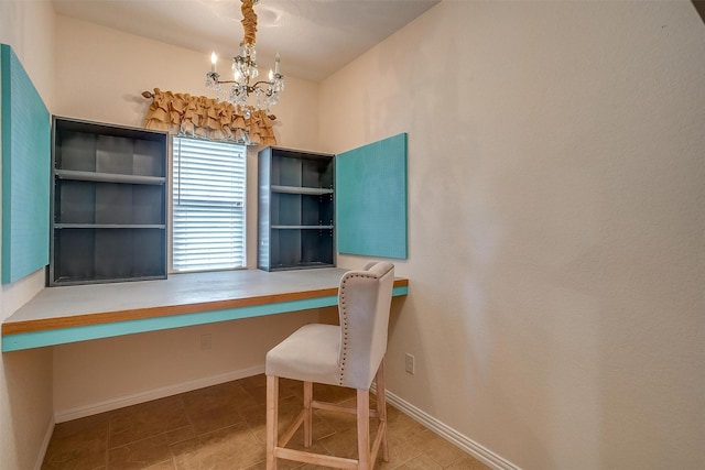 160 Solano Cir, Aledo, TX 76008 - tiled office featuring built in study area, a chandelier, and baseboards