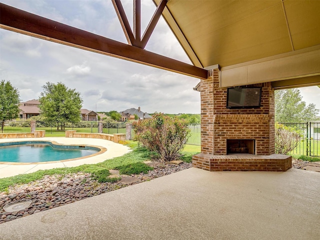 160 Solano Cir, Aledo, TX 76008 - view of swimming pool with an outdoor brick fireplace, a patio area, and a fenced backyard