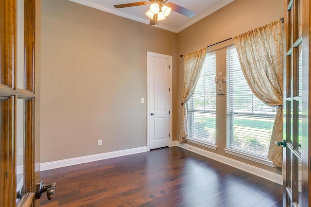160 Solano Cir, Aledo, TX 76008 - unfurnished room with ornamental molding, baseboards, a ceiling fan, and dark wood-style flooring