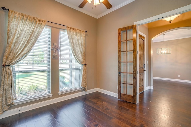 160 Solano Cir, Aledo, TX 76008 - empty room with ornamental molding, ceiling fan, baseboards, hardwood / wood-style flooring, and plenty of natural light