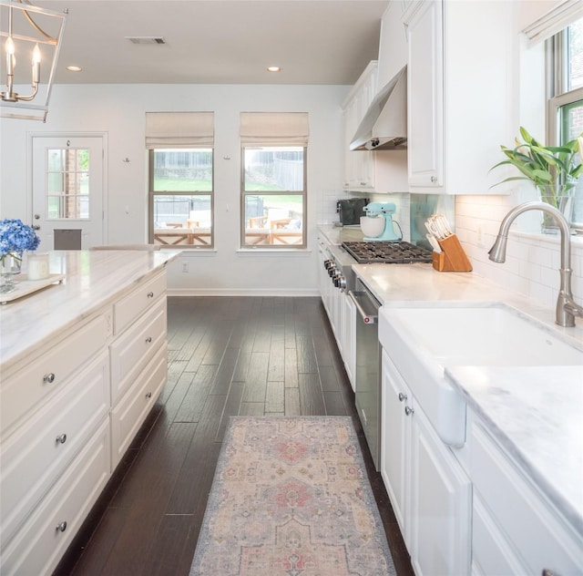 7002 Clear Springs Pkwy, Garland, TX 75044 - kitchen featuring ventilation hood, dark wood-style floors, white cabinetry, stainless steel appliances, and a chandelier