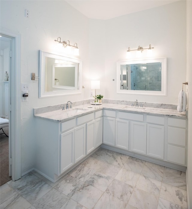 7002 Clear Springs Pkwy, Garland, TX 75044 - full bath featuring marble look tiles, double vanity, and a shower