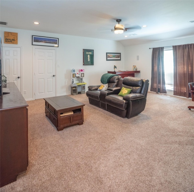 7002 Clear Springs Pkwy, Garland, TX 75044 - living room featuring light carpet, ceiling fan, and recessed lighting