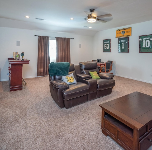 7002 Clear Springs Pkwy, Garland, TX 75044 - living room featuring a ceiling fan, carpet, recessed lighting, and baseboards