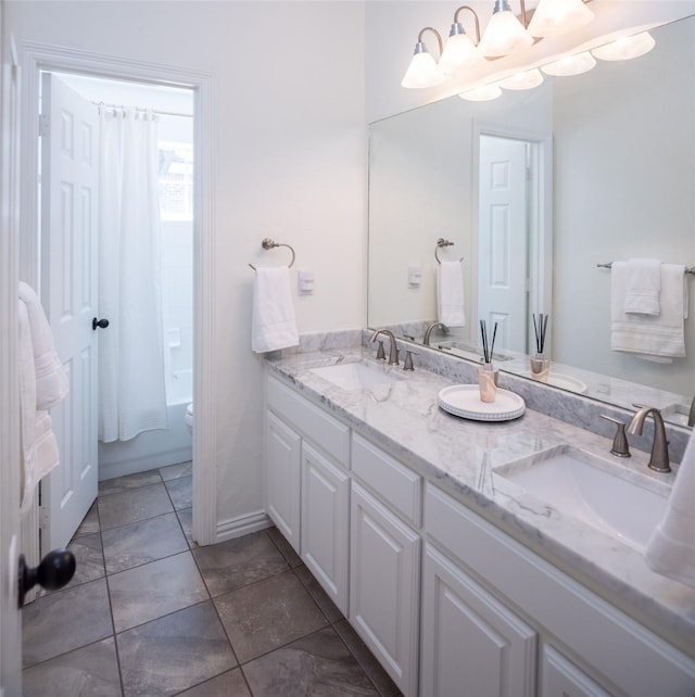 7002 Clear Springs Pkwy, Garland, TX 75044 - bathroom featuring double vanity, toilet, and shower / bath combination with curtain