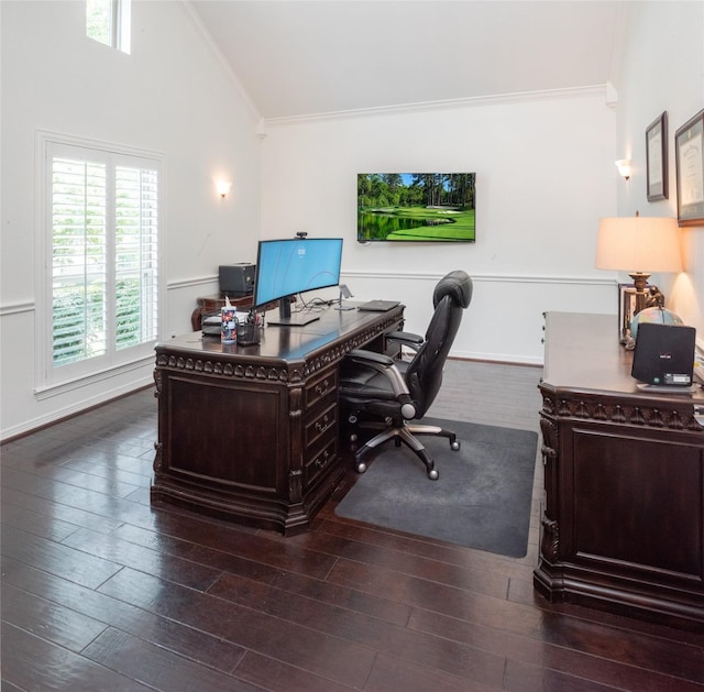 7002 Clear Springs Pkwy, Garland, TX 75044 - office area featuring lofted ceiling, ornamental molding, and wood-type flooring