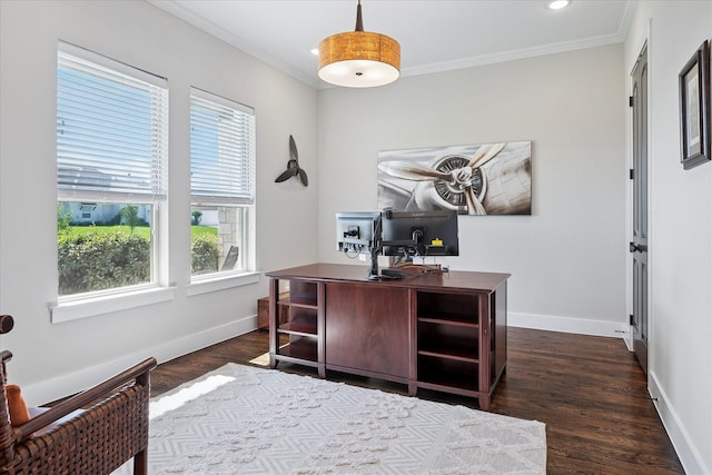 1025 Aledo Ridge Ct, Fort Worth, TX 76108 - office area with crown molding, dark wood finished floors, and recessed lighting