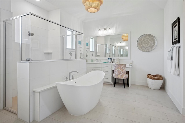 1025 Aledo Ridge Ct, Fort Worth, TX 76108 - full bath featuring a stall shower, a freestanding bath, vanity, and tile patterned flooring