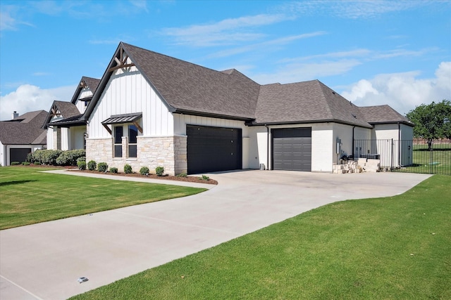 1025 Aledo Ridge Ct, Fort Worth, TX 76108 - view of front facade featuring a garage, board and batten siding, driveway, a shingled roof, and stone siding