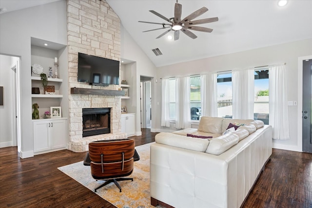 1025 Aledo Ridge Ct, Fort Worth, TX 76108 - living room with high vaulted ceiling, ceiling fan, a fireplace, dark wood-style flooring, and recessed lighting