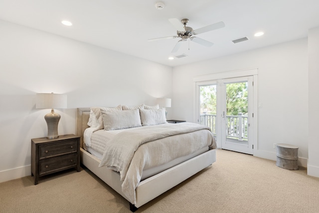 13340 Shumate Way, Malakoff, TX 75148 - bedroom with access to outside, light colored carpet, recessed lighting, baseboards, and ceiling fan