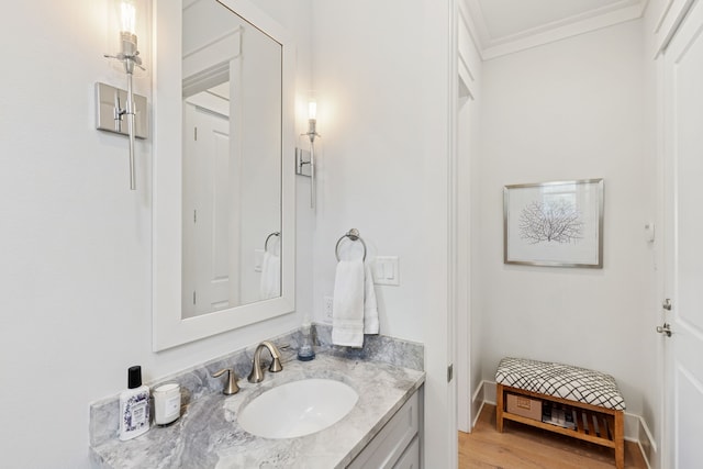 13340 Shumate Way, Malakoff, TX 75148 - bathroom with vanity, wood finished floors, and crown molding