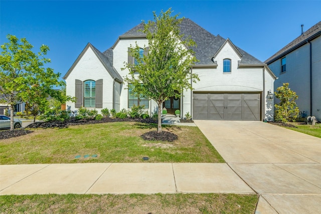 3525 Dancer Rd, Celina, TX 75009 - french country style house featuring a front lawn, driveway, a garage, roof with shingles, and brick siding